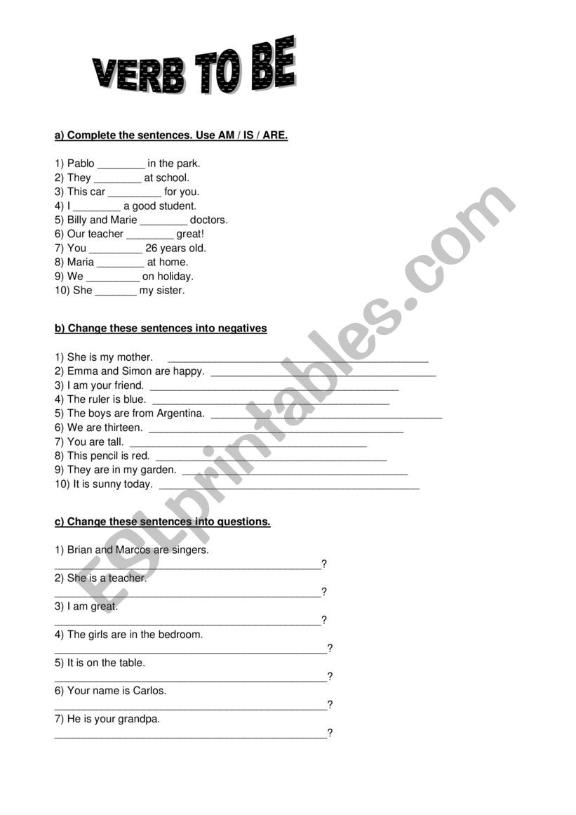 + - ? Verb to be worksheet