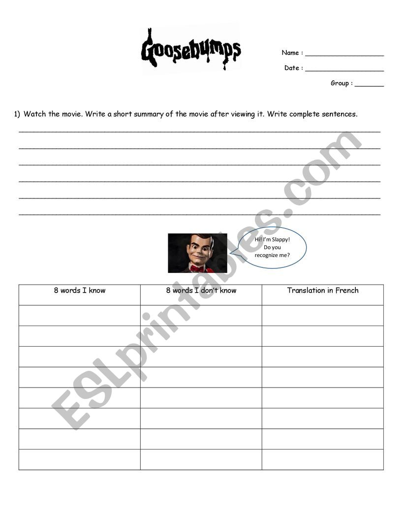 Goosebumps Movie Activity worksheet