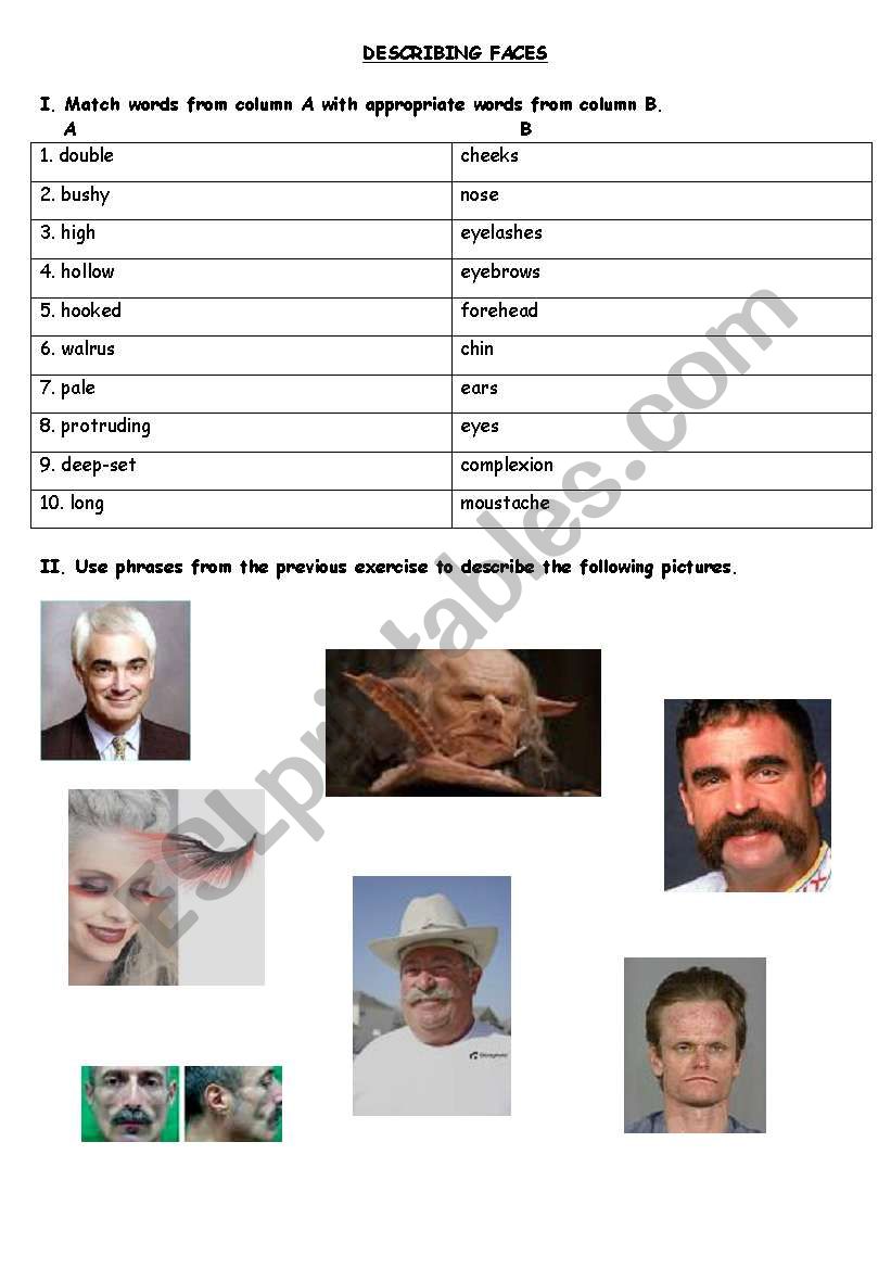 describing faces worksheet