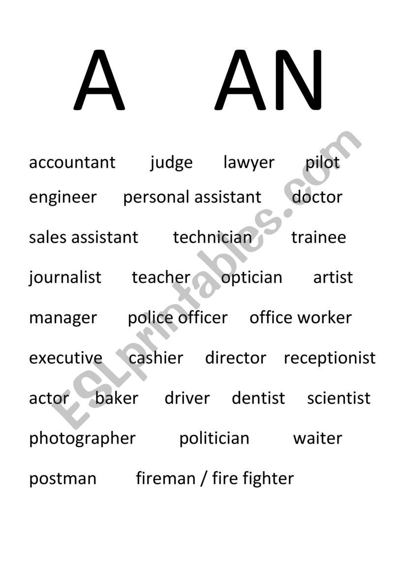 A / AN matching game worksheet