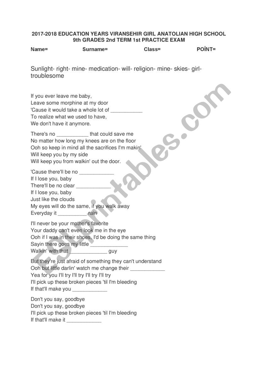 bruno mars- it will rain worksheet