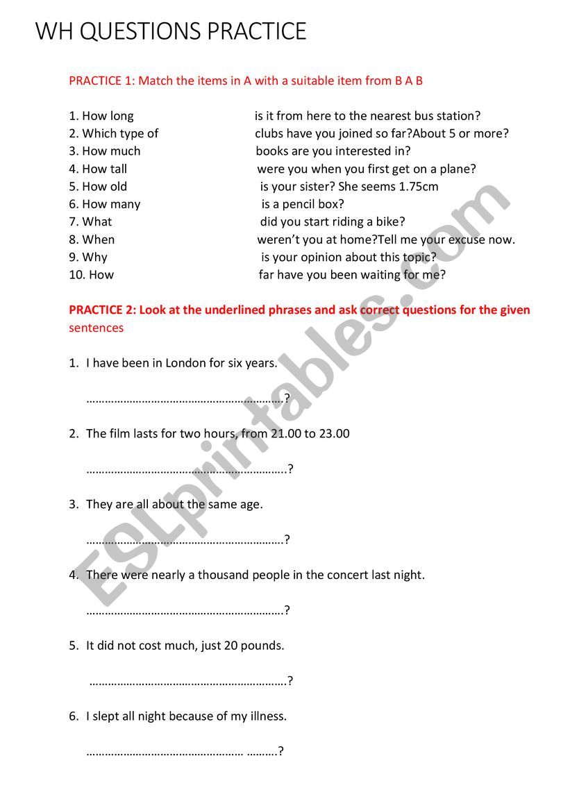 WH QUESTIONS PRACTICE 5 worksheet