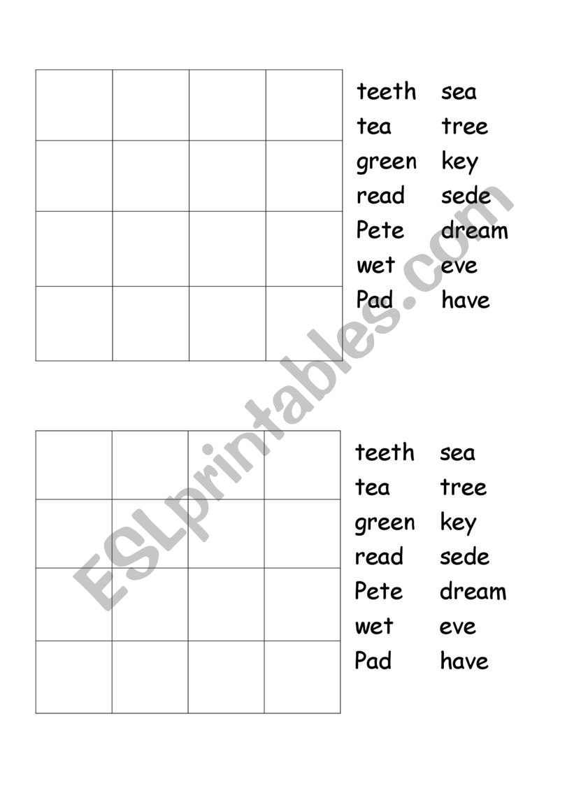 Make Your Own Bingo! Long vowel ee, ea,e_e