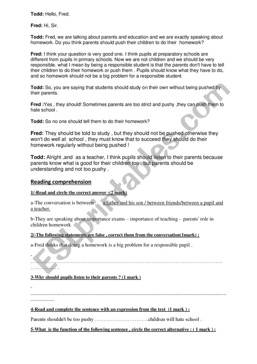 parents and education  worksheet