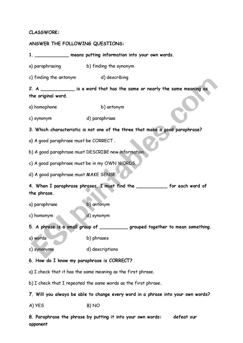 paraphrasing-test-esl-worksheet-by-muge1980
