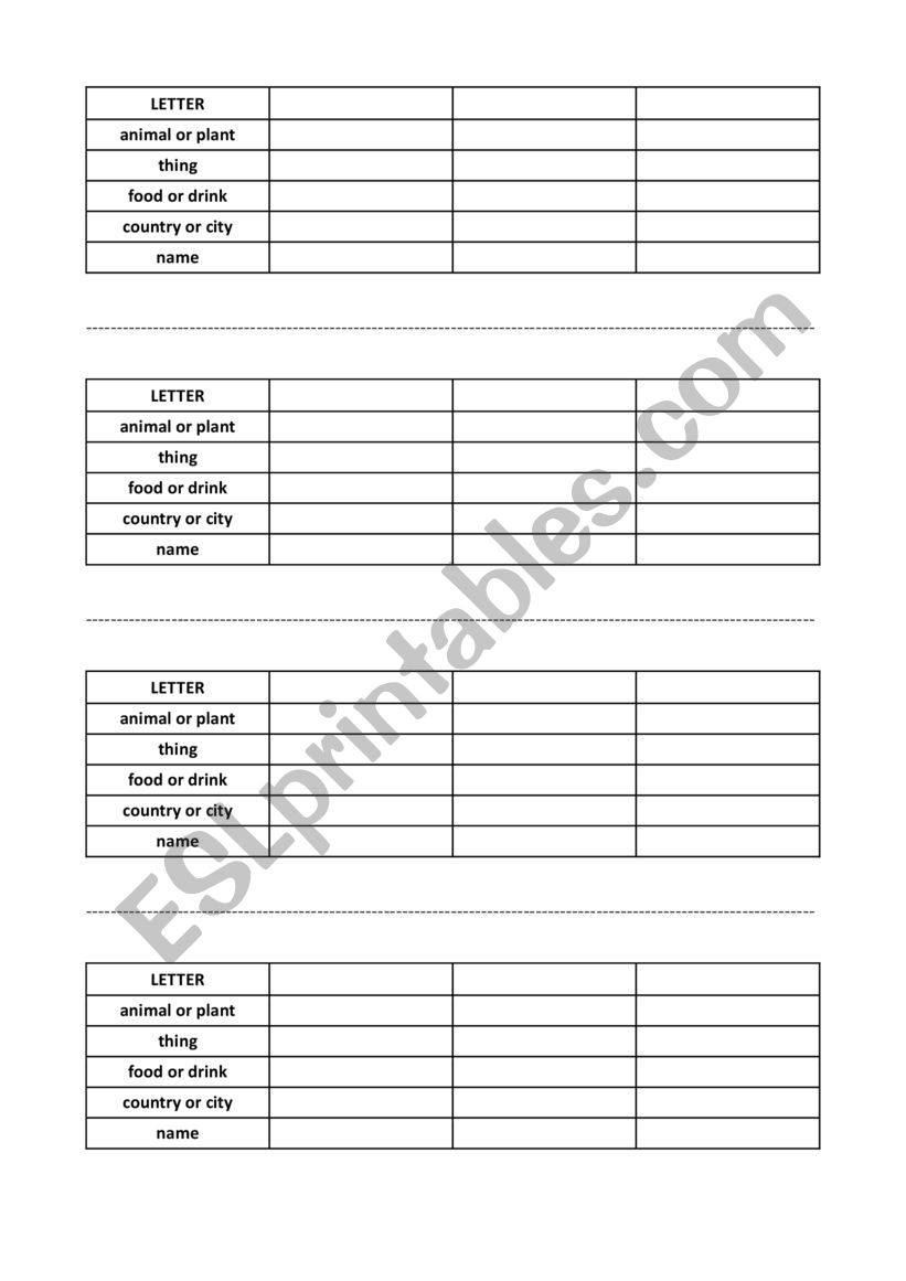 Scattegories worksheet