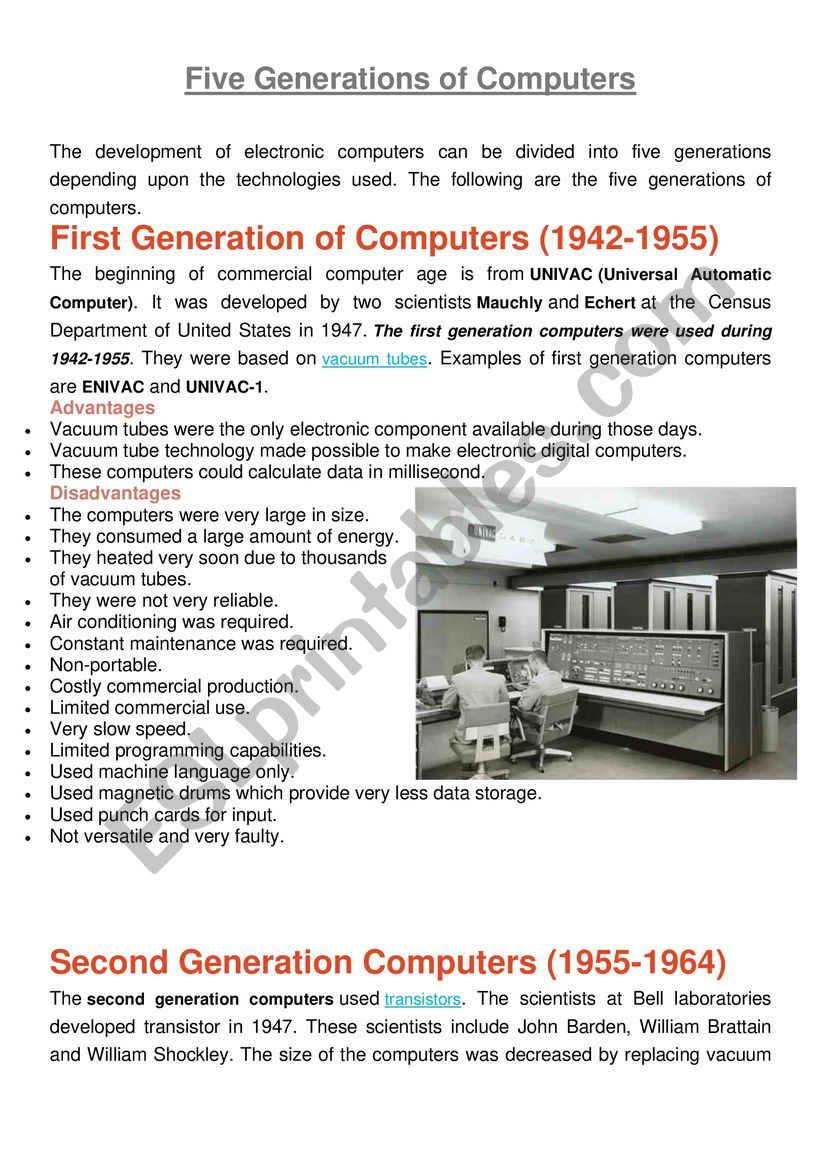 FOUR GENERATIONS OF COMPUTER worksheet