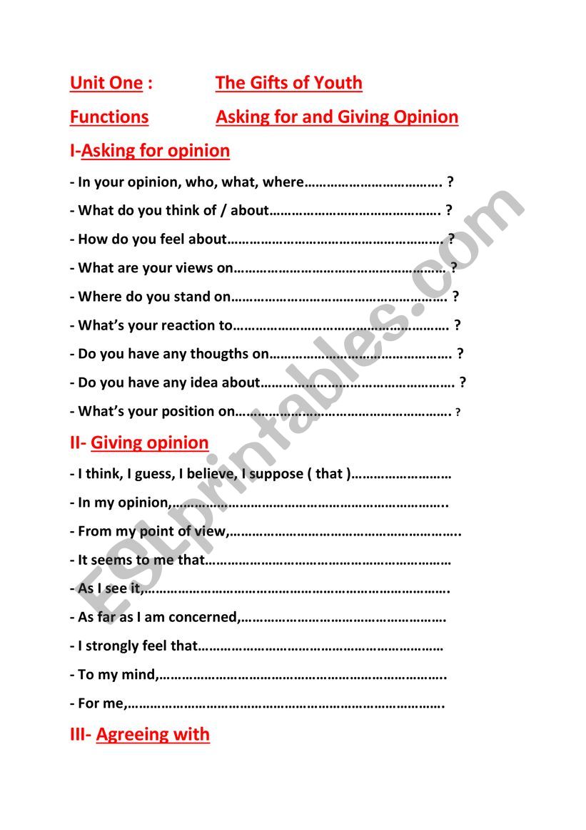 Asking for and giving opinion worksheet
