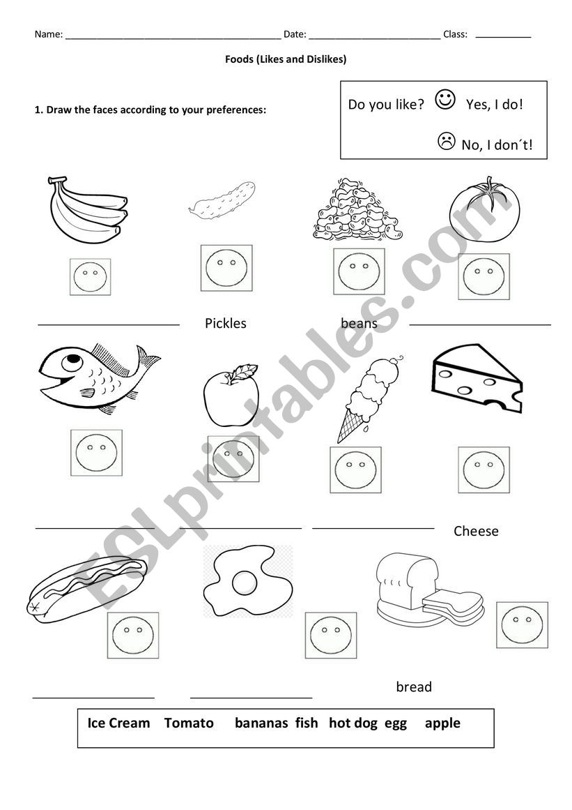 Foods: likes and dislikes worksheet