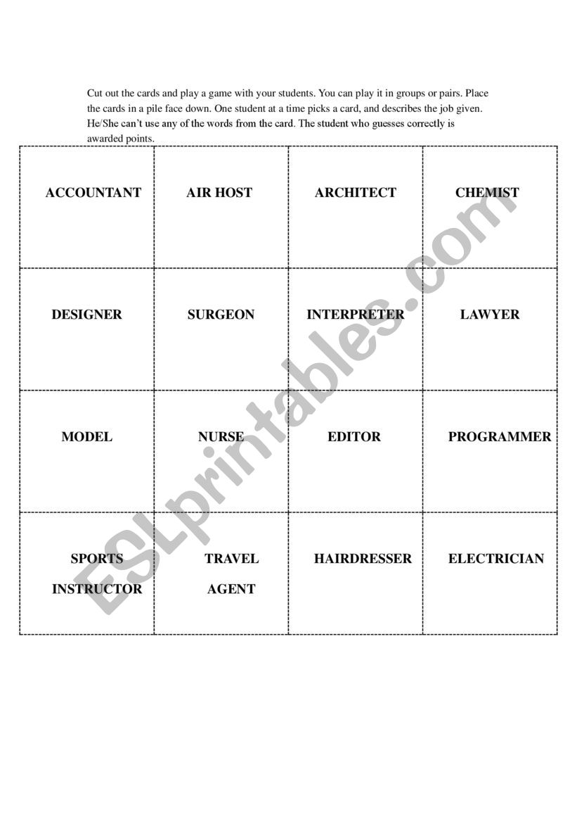 Card Game for Jobs worksheet