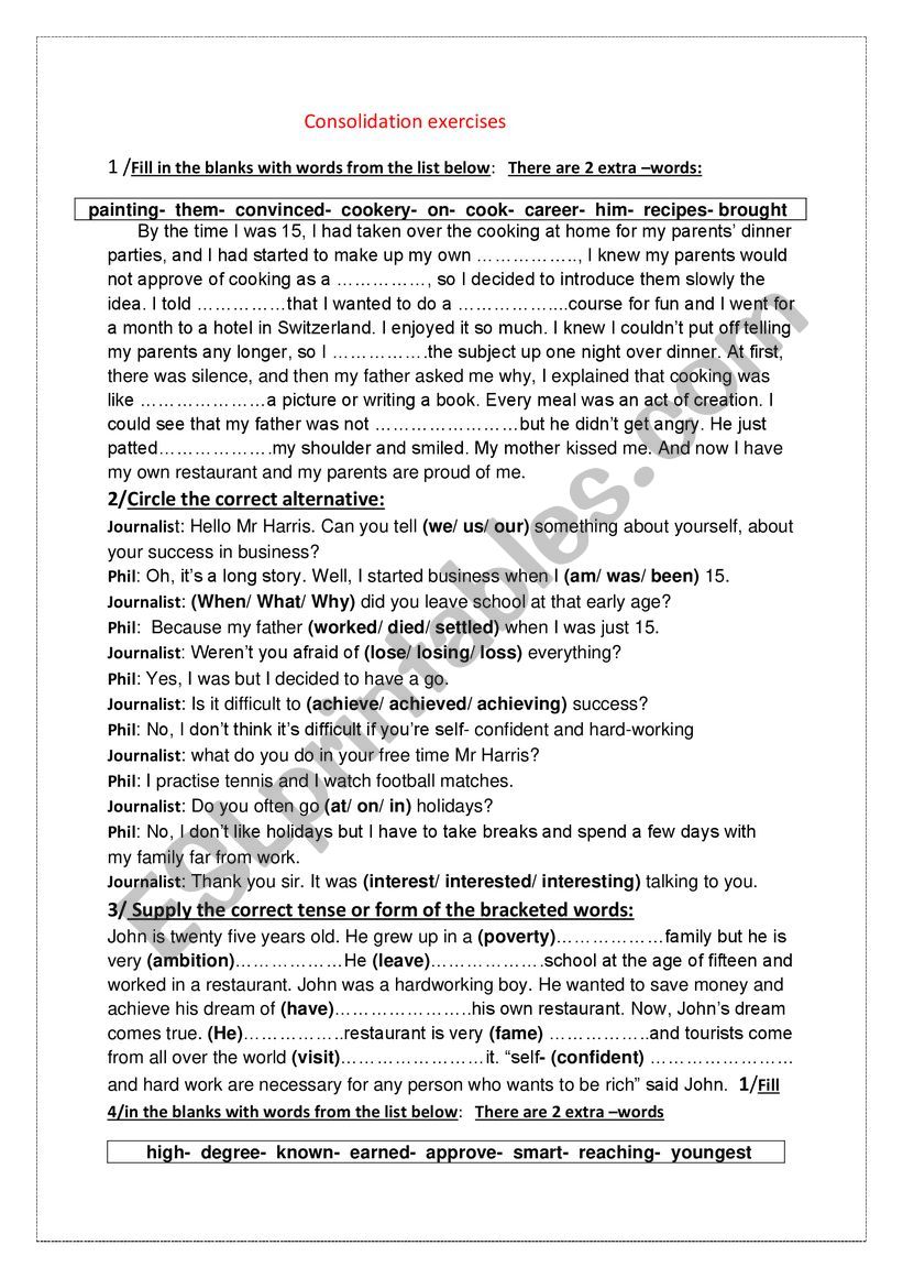 consolidation exercises worksheet