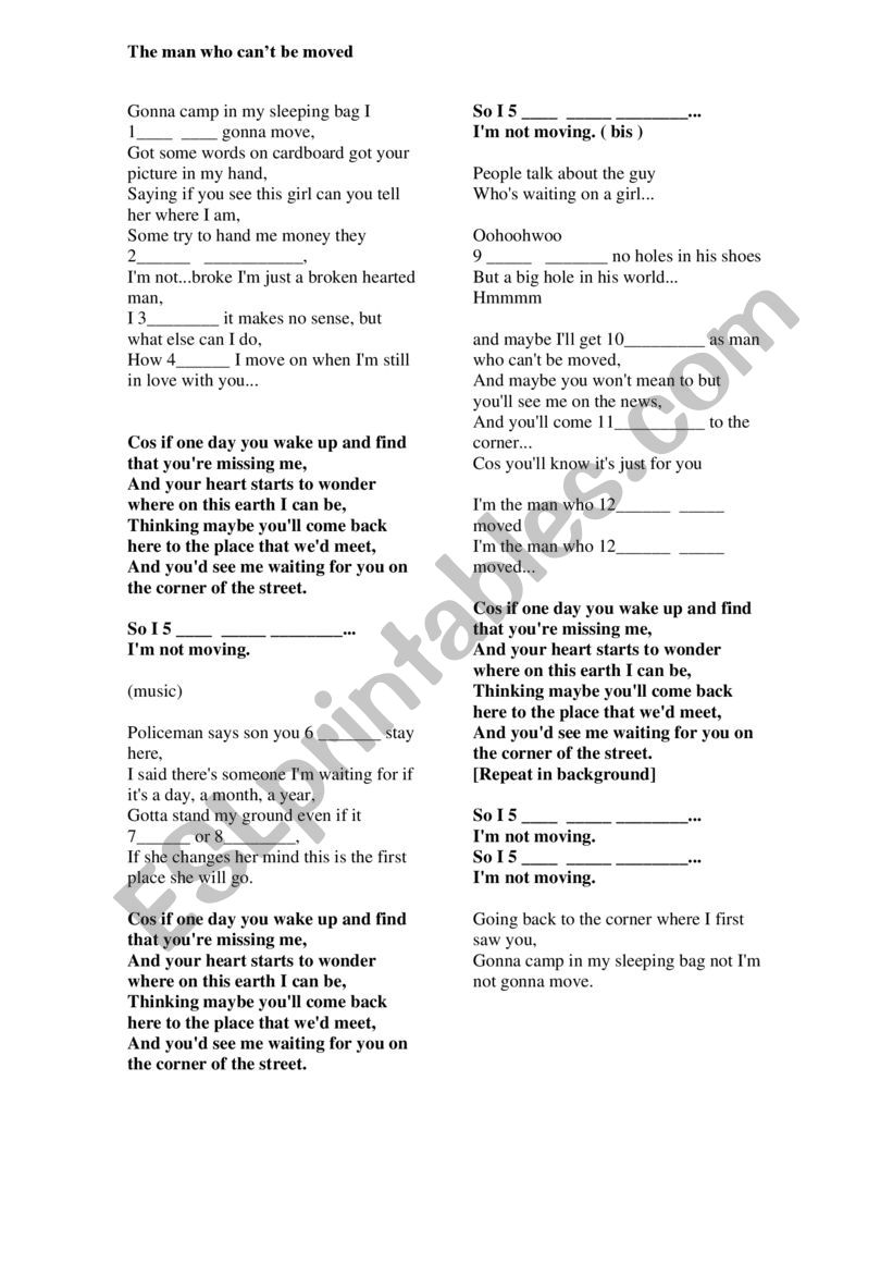 The man who can´t be moved - The script - ESL worksheet by noerot