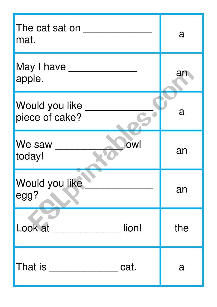 Article Matching Activity worksheet