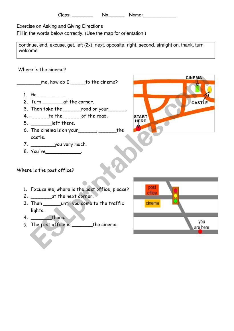 giving directions worksheet