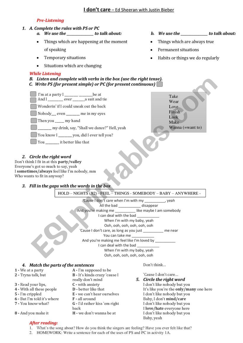 I don´t care - ESL worksheet by cynab