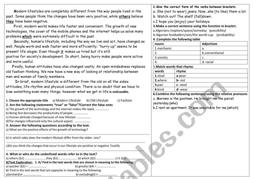 modern  lifestyle worksheet