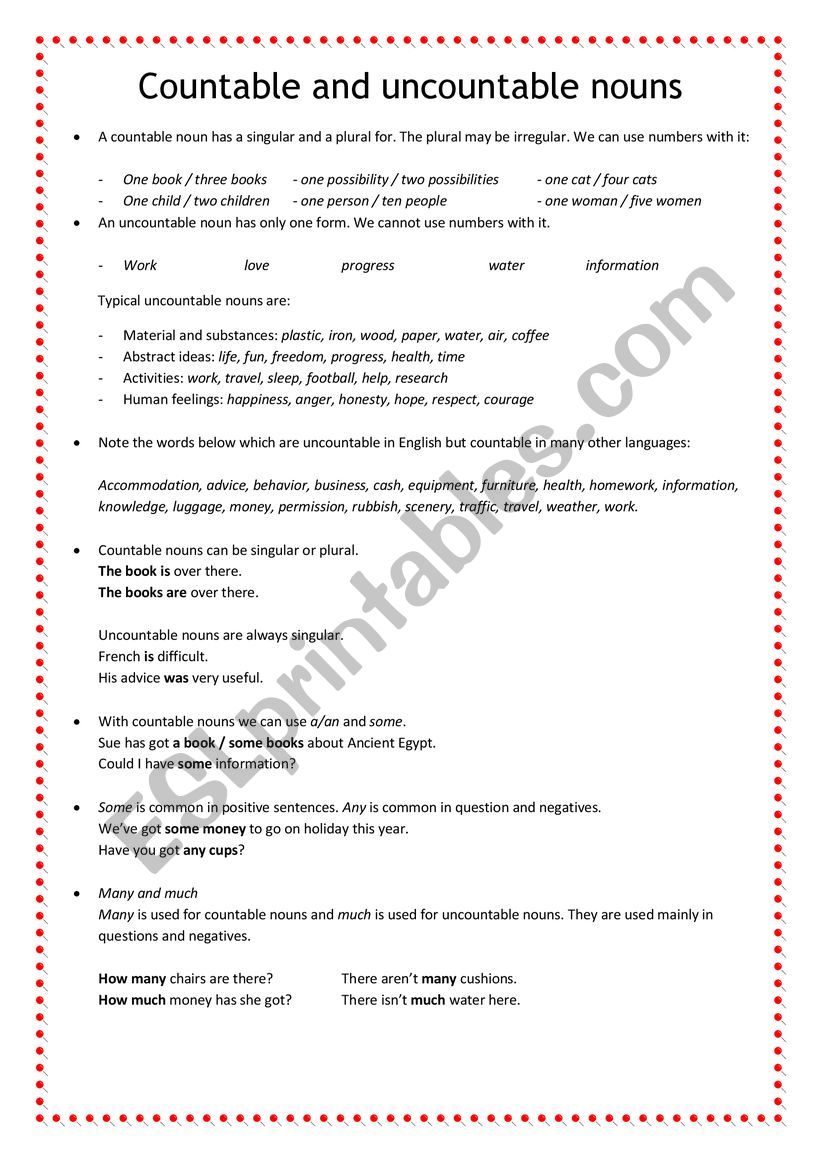 countable uncountable worksheet