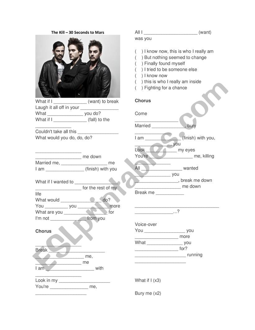 The Kill - 30 Seconds To Mars Worksheet