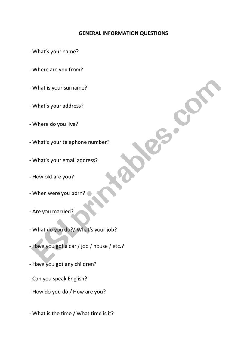 general information questions worksheet