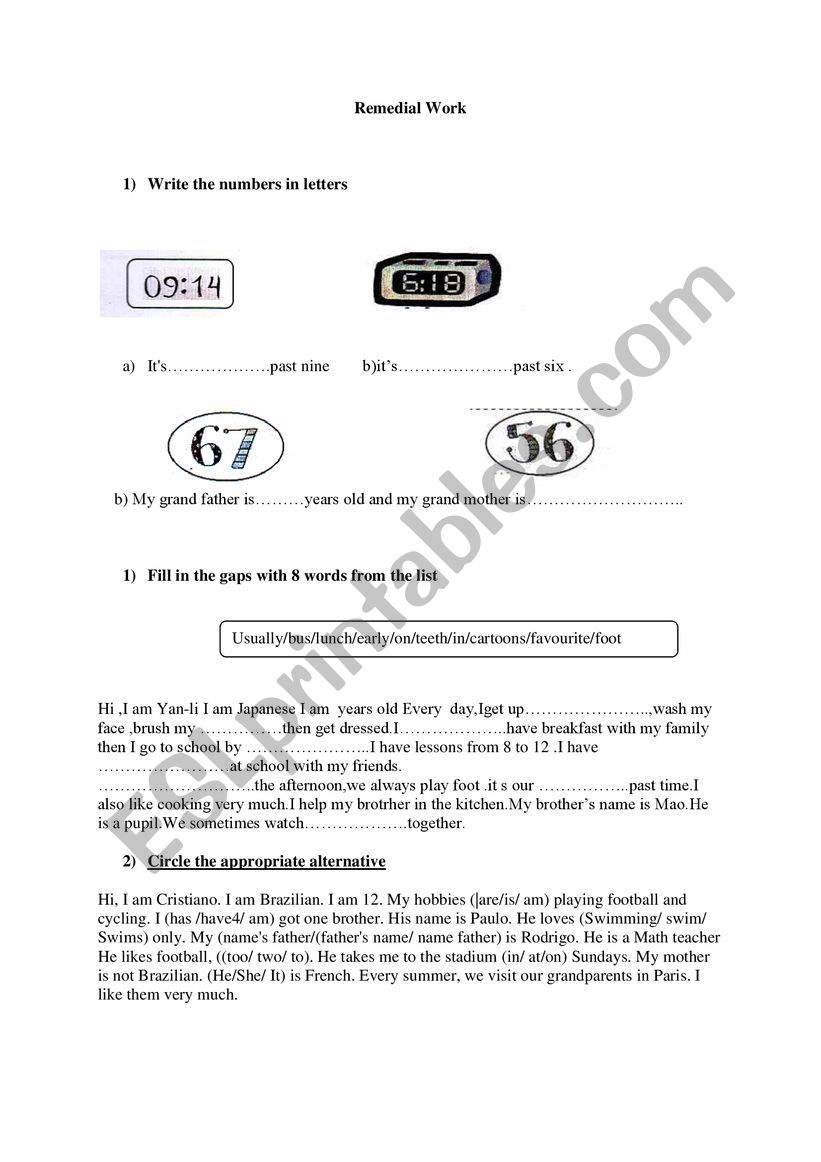 Remedial work 7 th worksheet