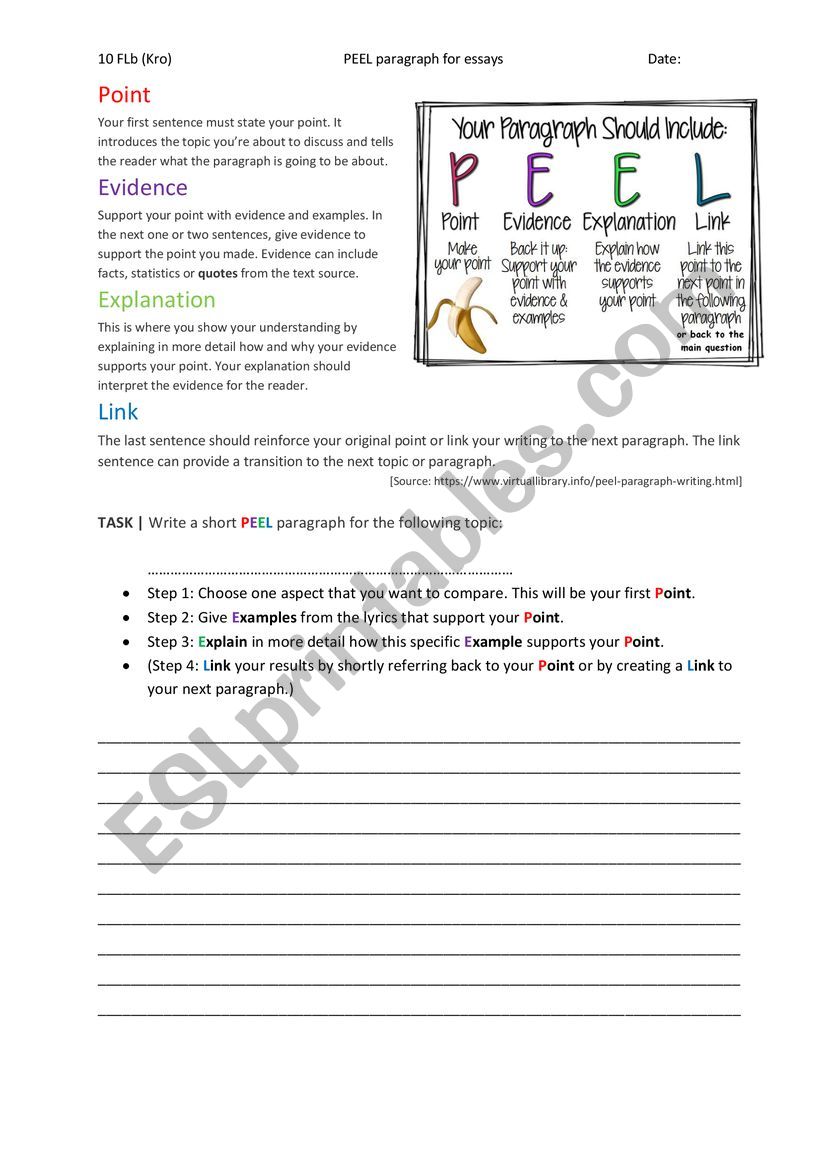 PEEL Paragraphs ESL Worksheet By MissKroll