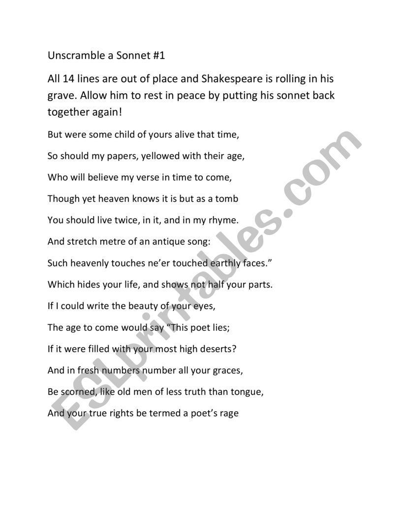 Shakespearean Sonnet Esl Worksheet By Genthea