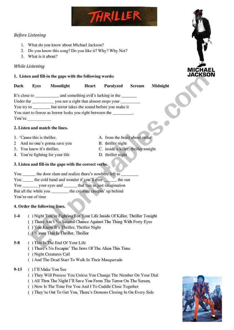 Thriller by Michael Jackson worksheet