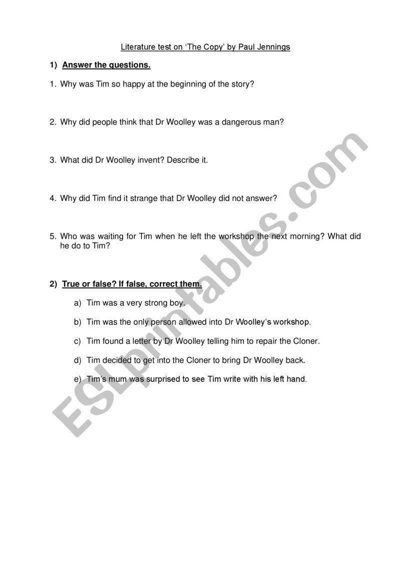 STORY THE COPY TEST worksheet