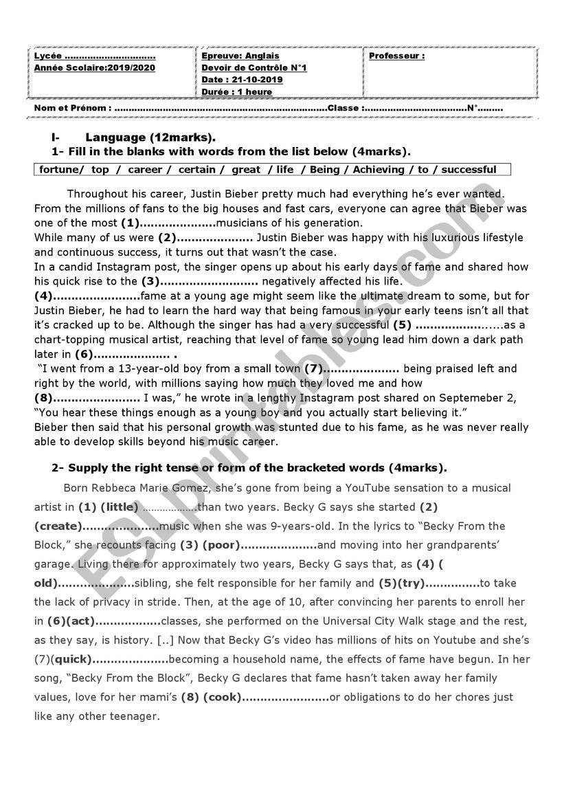 Ordinary test n1 worksheet