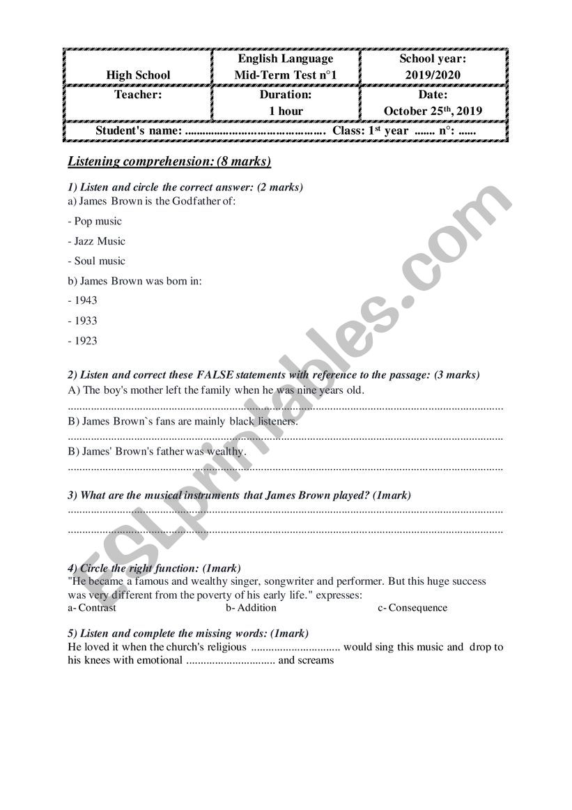 1st form Mid-Term Test n°1 - ESL worksheet by alessandroooo