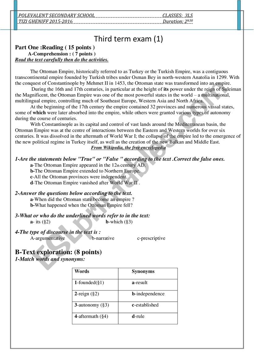 First Term Exam 3rd year L worksheet