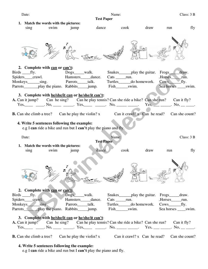 Test Can/Cant worksheet