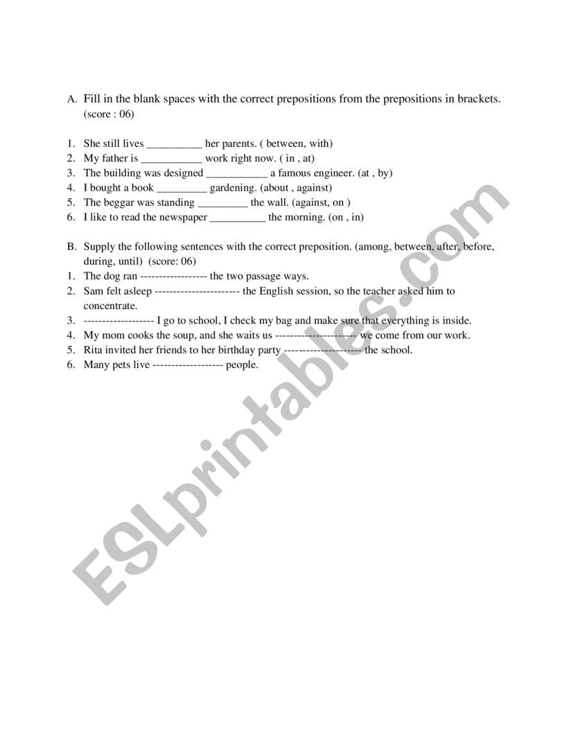 Prepositions  worksheet