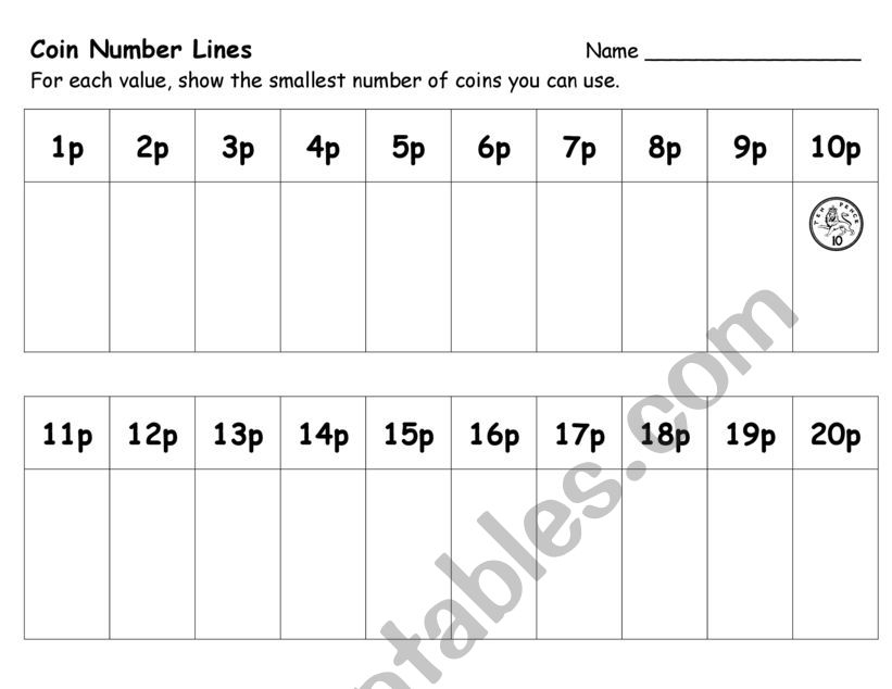 20p Number line worksheet