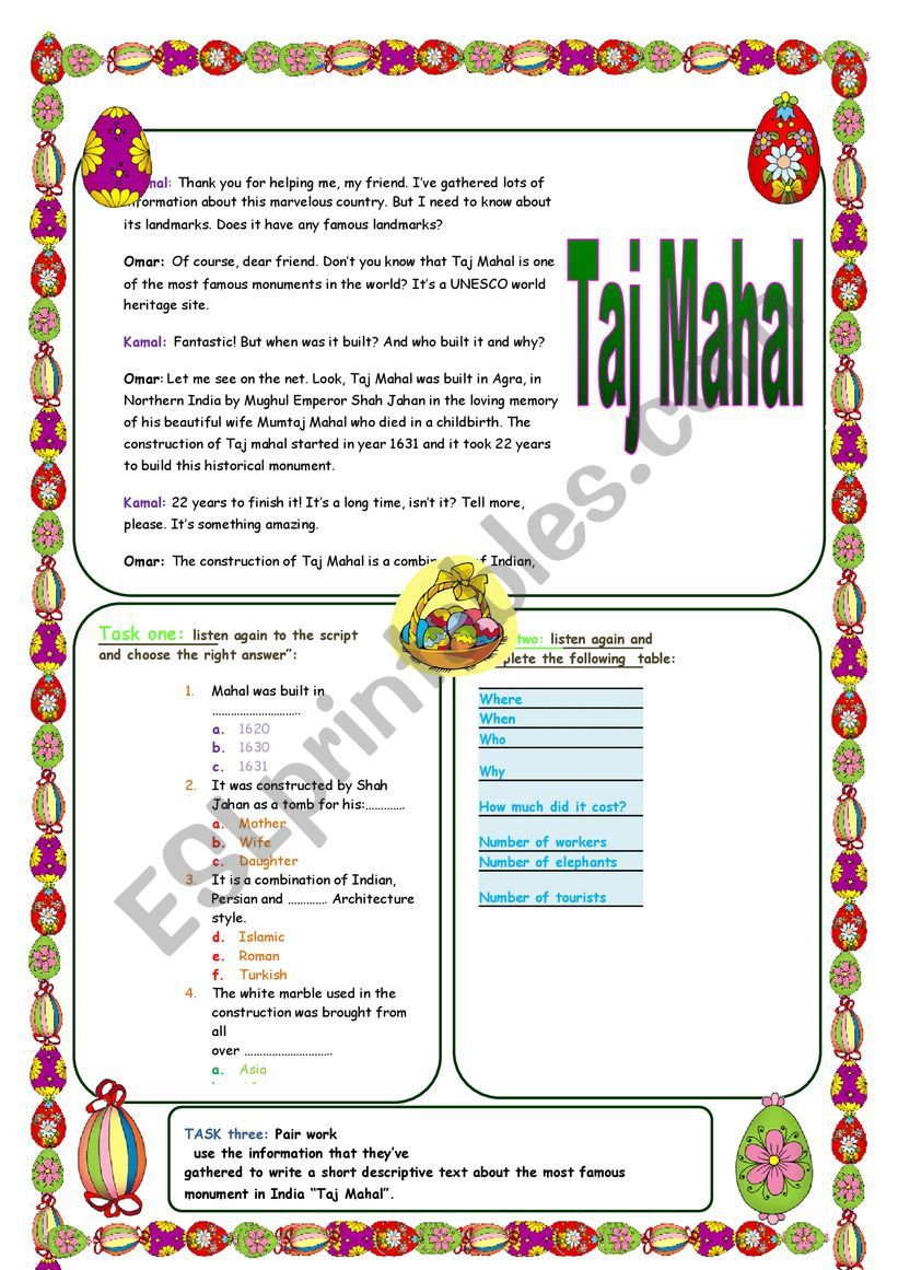 Taj Mahal  worksheet