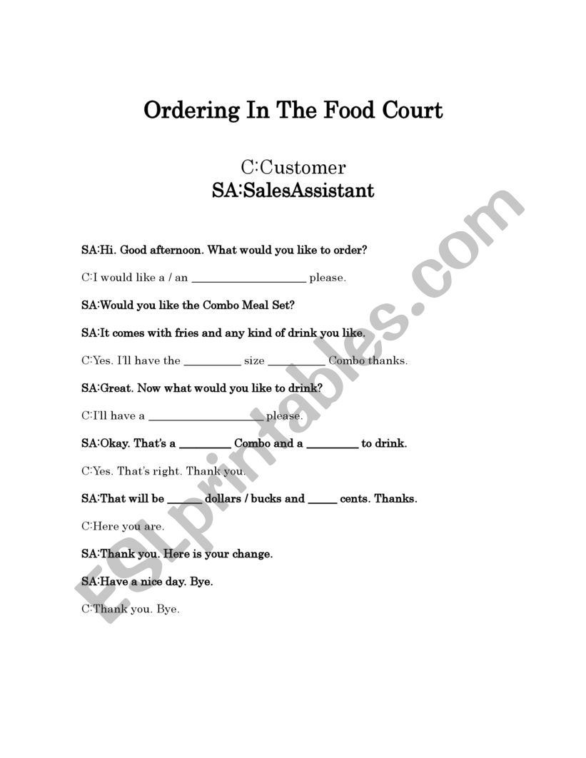 Ordering Food In A Food Court Or Fast Food Shop Role-Play Full Dialogue And Dialogue Boxes 