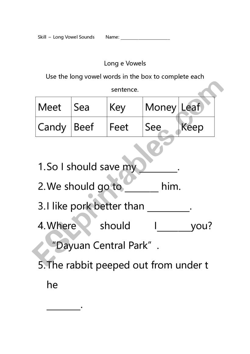 long vowel words expansion e esl worksheet by crysta06