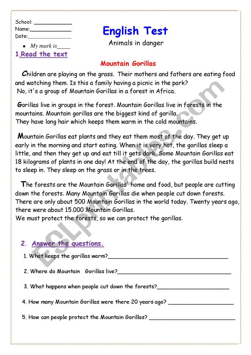 reading about animals worksheet