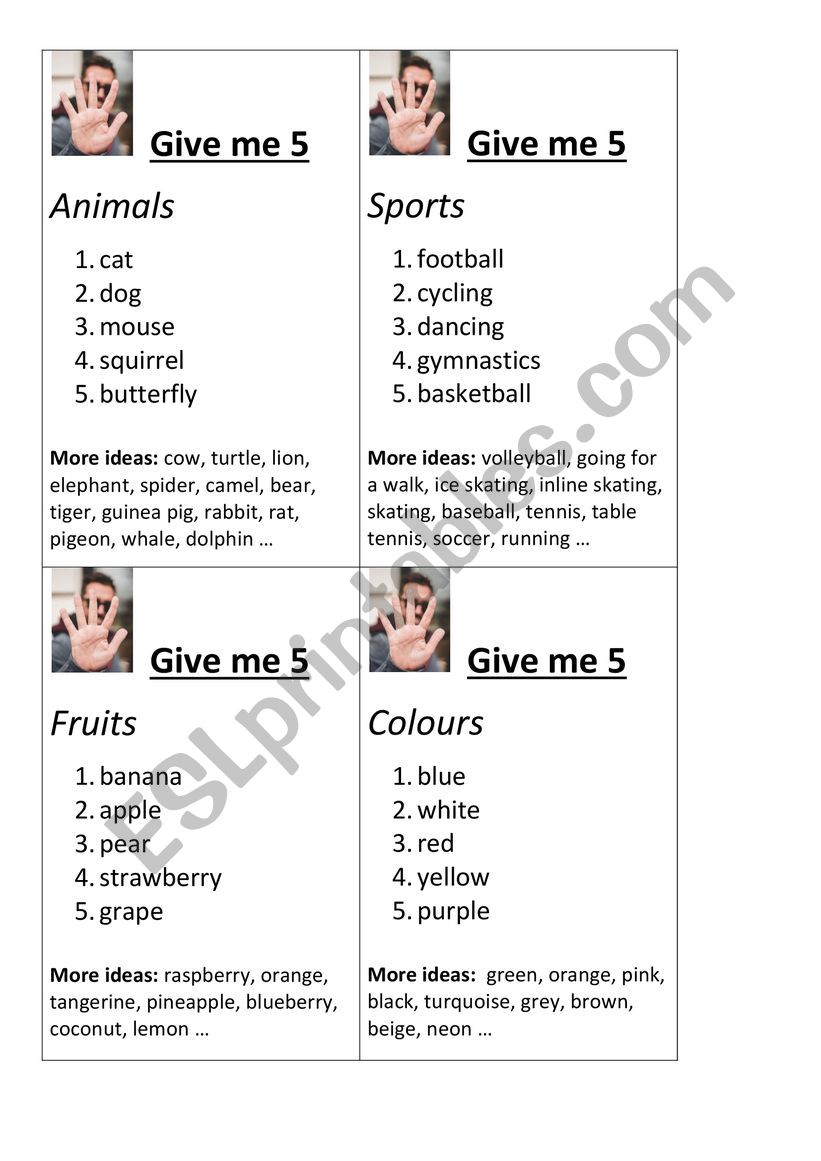 Give Me 5 Warm Up Game ESL Worksheet By Milena1988