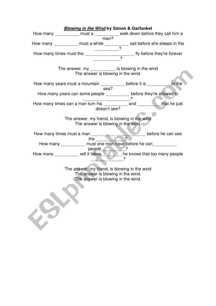SONG: BLOWING IN THE WIND worksheet