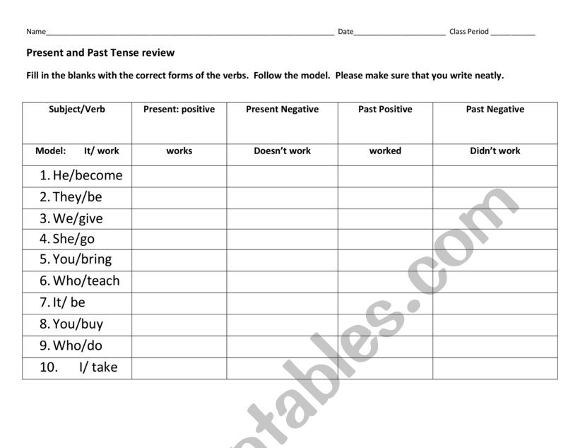 Present and Past Verb Tense Grid