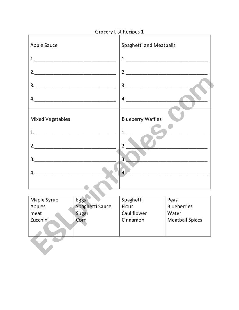 Recipe Sorting 1 worksheet