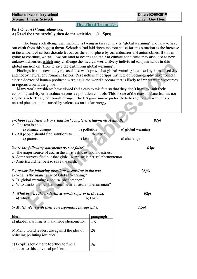 1st year test  worksheet