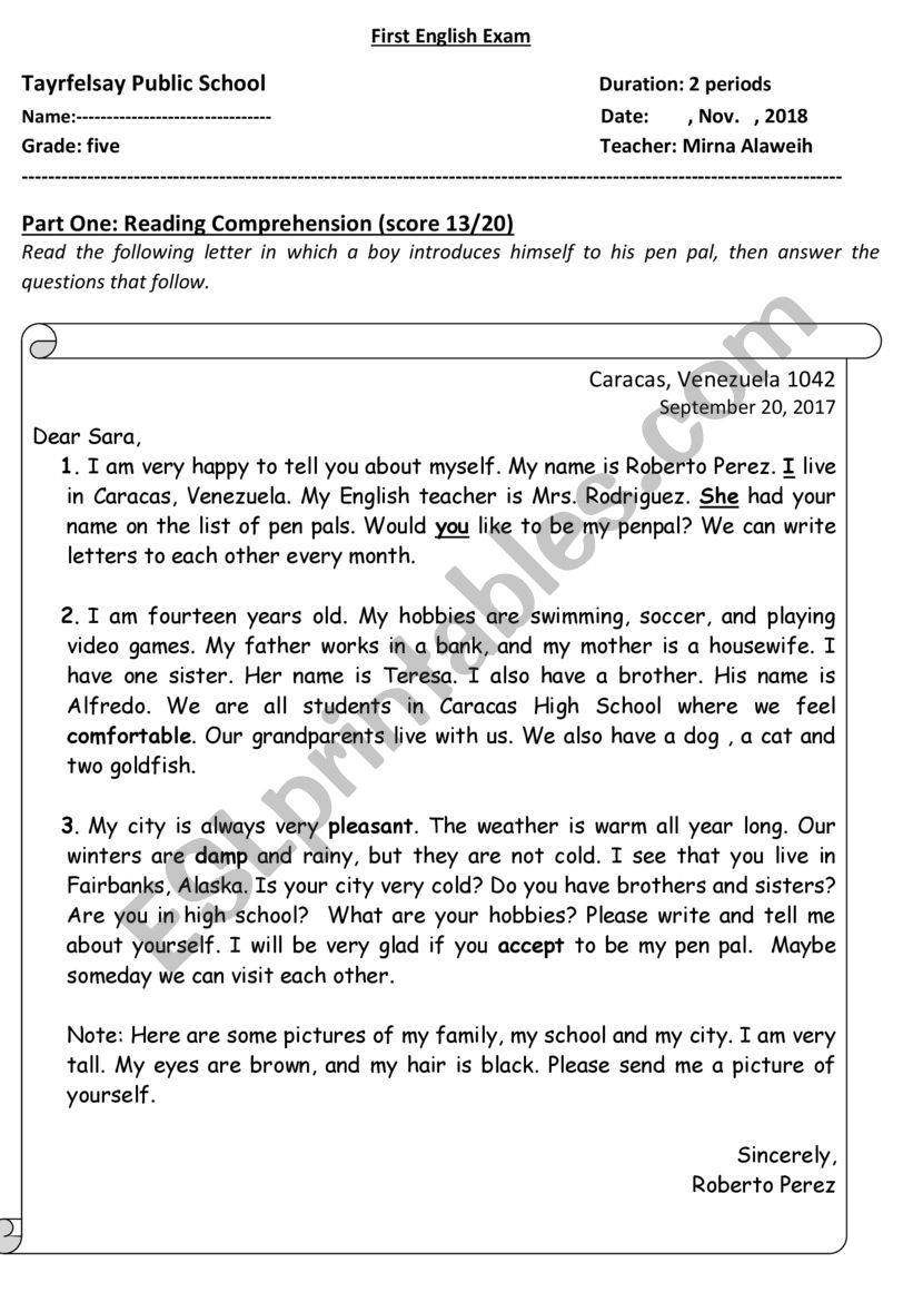 A Letter To A Pen Pal ESL Worksheet By Mirna al kh