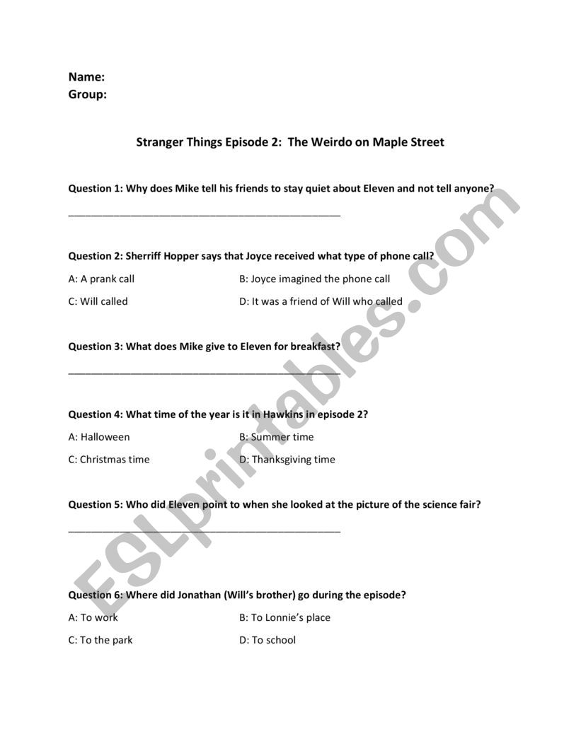 Stranger Things episode 2 questions - ESL worksheet by alexvizz Image