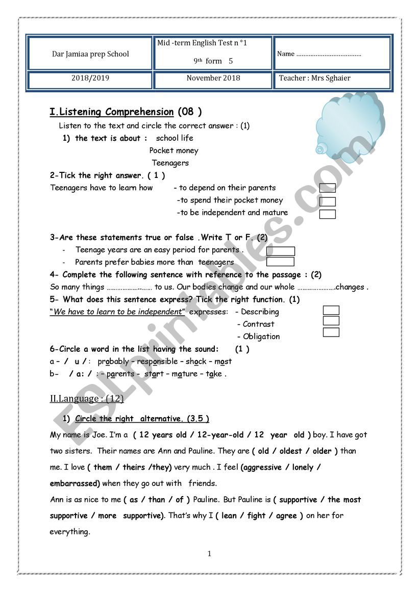 9th form worksheet