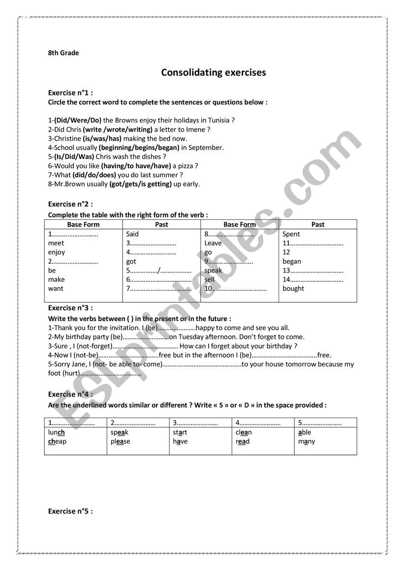 Consolidating Exercises worksheet