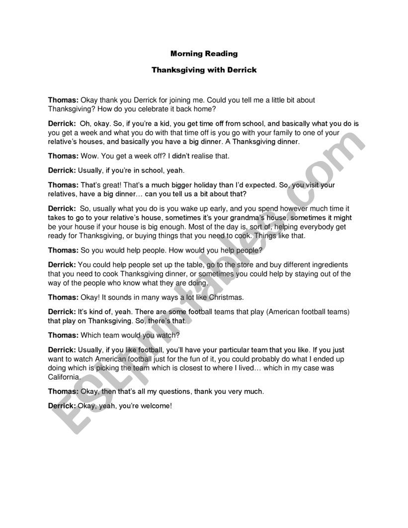 Thanksgiving With Derrick worksheet