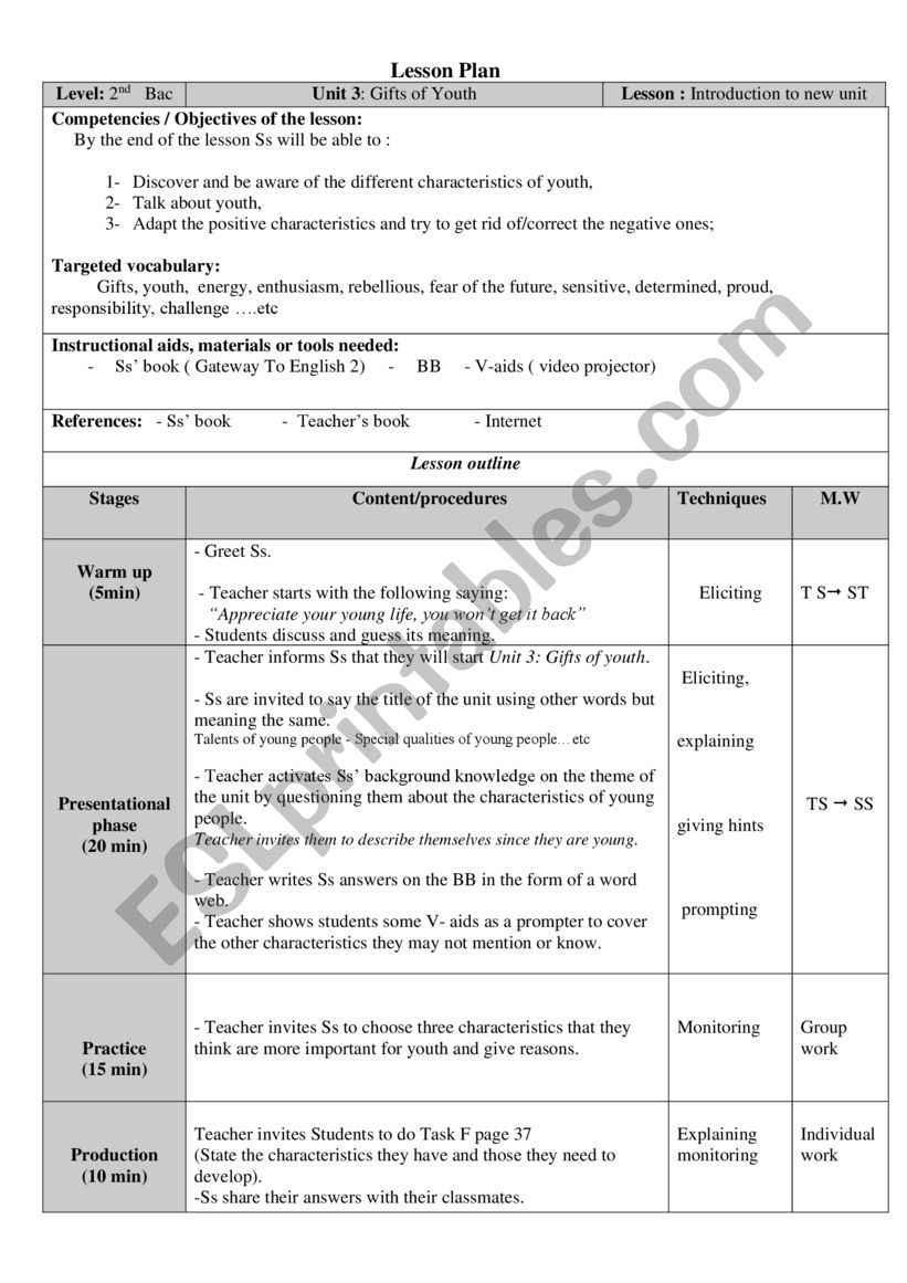 The gifts of youth worksheet