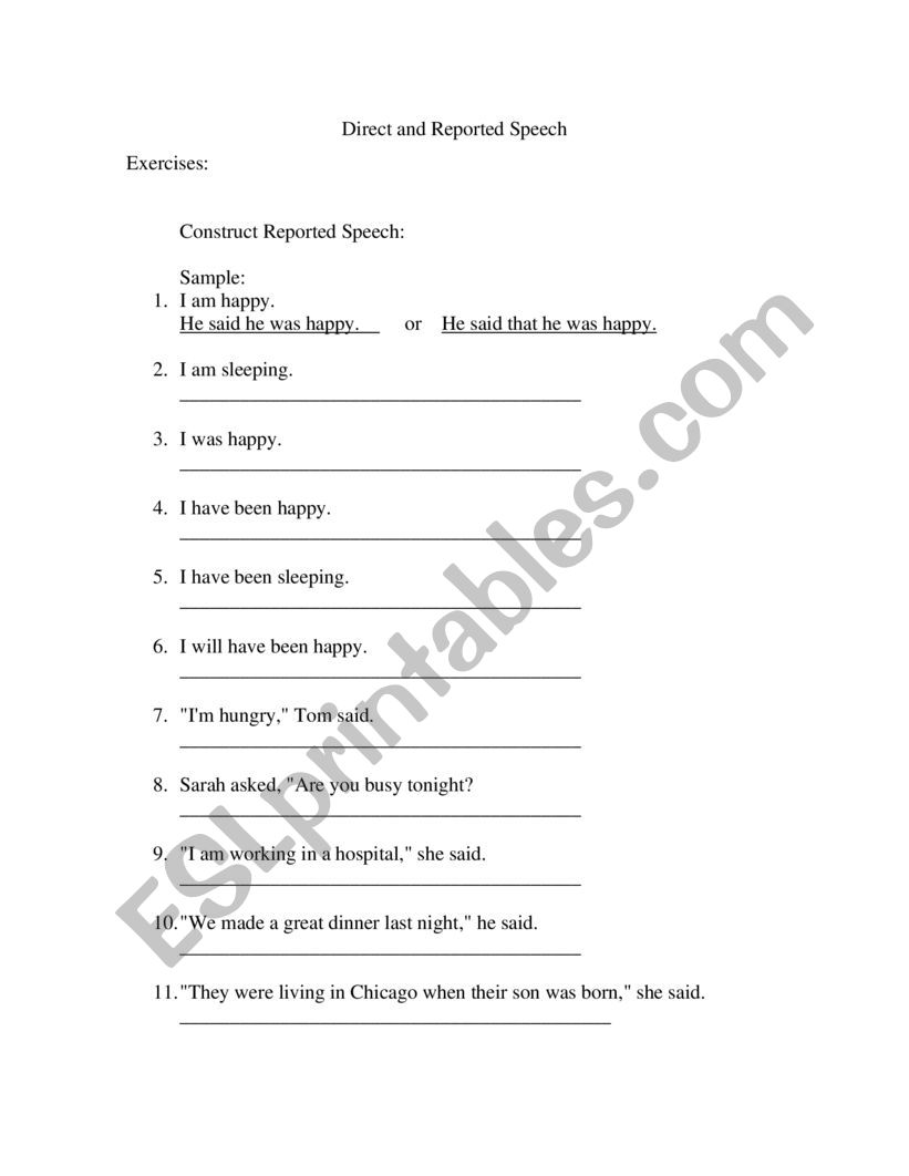 direct speechh worksheet